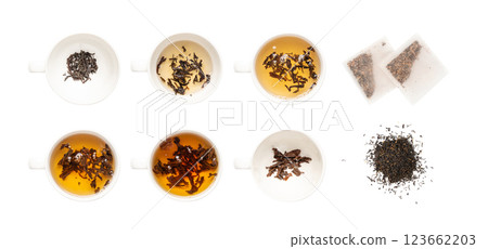 Tea Brewing Process in White Cup Isolated, Stages of Brewing Black Tea, Brew Ceremony, White Background Tea Brewing Process in White Cup Isolated, Stages of Brewing Black Tea, Brew Ceremony, White Background 123662203