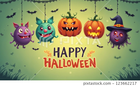 illustration of Halloween decorations with pumpkins and monster faces on a green color background 123662217
