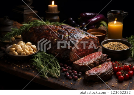 grilled meat and vegetables and herbs cooked on fire as a barbecue, delicious food 123662222