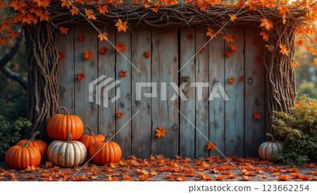 Halloween decorations with pumpkins on the background of a wooden wall, autumn season 123662254