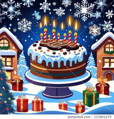 Christmas cake with decorations for New Year's holidays, beautiful background, winter fairy tale 123662279