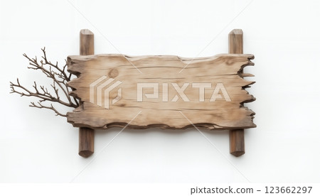 an empty wooden sign board hanging on a branch, on a white background, old and weathered plaque 123662297