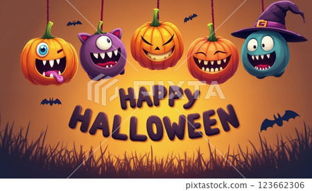 illustration of Halloween decorations with pumpkins and monster faces on a brown color background 123662306