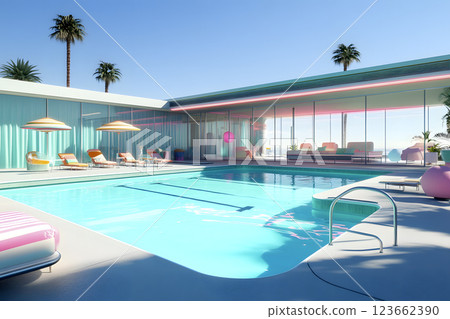 mid-century swimming pool, generative AI 123662390