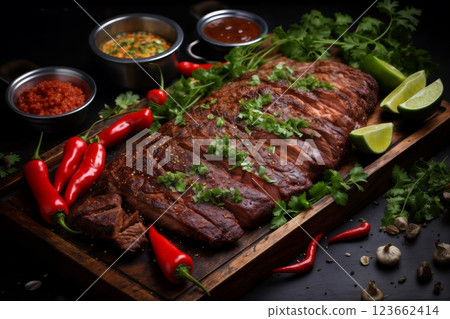 grilled meat and vegetables and herbs cooked on fire as a barbecue, delicious food 123662414