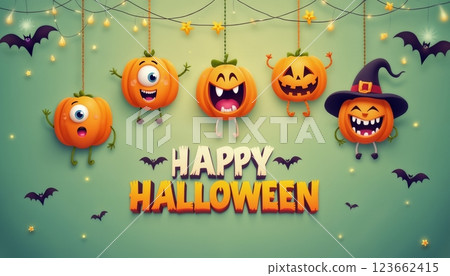 illustration of Halloween decorations with pumpkins and monster faces on a green color background 123662415