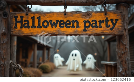 Halloween party banner above the entrance where ghosts celebrate and have fun, vintage style wooden board inscription, old wooden boards, rural style 123662416