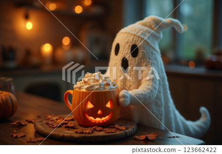 A cute ghost enjoys a cup of latte in the kitchen interior, Halloween theme, autumn decorations 123662422