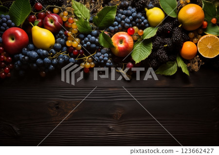 still life with bunches of grapes, berries and fresh and juicy fruits against a dark old wooden background, rural vintage style, the concept of fresh and healthy food 123662427