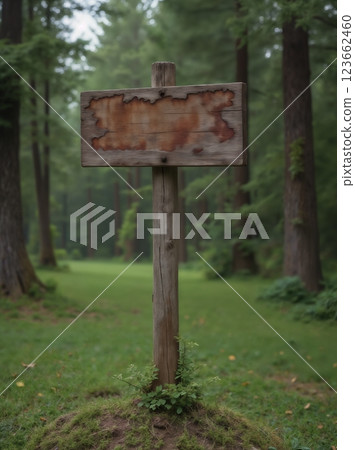 an empty sign board on the background of a forest, made of wood, old and weathered plaque 123662460