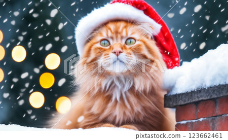 cat sitting on a snow covered roof, New Year's holiday, festive background, winter fairy tale 123662461