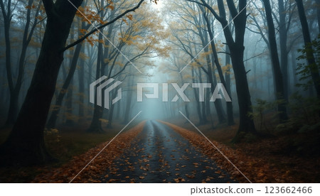 forest in autumn season, beautiful nature in morning, rainy weather, cloudy 123662466