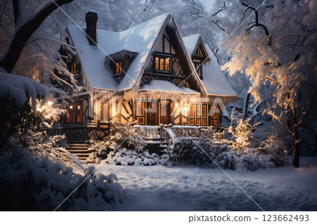 village street in winter season decorated for Christmas or New Year holiday, beautiful view of exteriors of houses , snow, sunset, street lights, festive environment 123662493