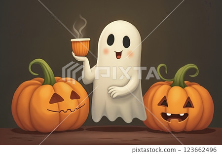 cute ghost enjoys a cup of latte, Halloween theme, autumn decorations 123662496