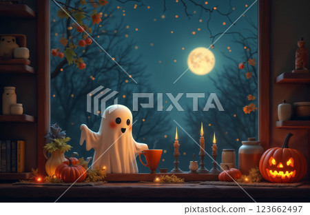A cute ghost enjoys a cup of latte in the kitchen interior, Halloween theme, autumn decorations 123662497