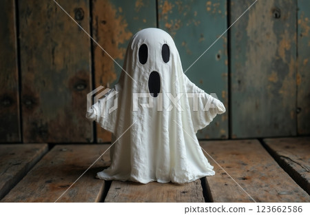 portrait of a cute little ghost in autumn decoration, Halloween holiday theme 123662586