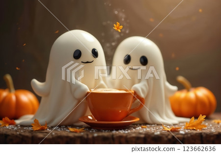 cute ghost enjoys a cup of latte, Halloween theme, autumn decorations cute ghost enjoys a cup of latte, Halloween theme, autumn decorations 123662636