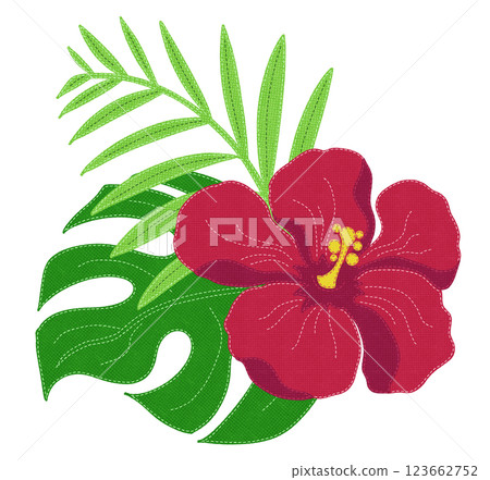 Hibiscus and green illustration in patch style with stitching 123662752