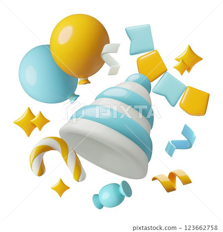 3D Birthday hat banner with blue and yellow children party balloons, flags, candies and confetti 123662758