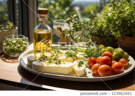 cheese and bottle of oil and fresh leaves of greenery on a table by the window, a beautiful still life in an old country house, rural style 123662891
