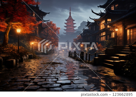 old town on a late rainy evening, wet pavement, street lights, old architecture in Japanese or Chinese style 123662895