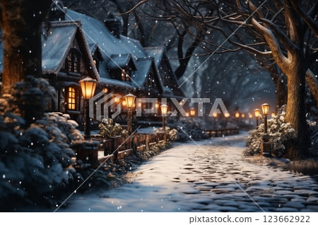 a city street on a winter night, snow covered houses and trees, the light of lanterns, facades of houses decorated for Christmas or New Year, festive environment a city street on a winter night, snow covered houses and trees, the light of lanterns, facades of houses decorated for Christmas or New Year, festive environment 123662922