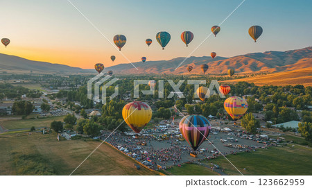 A cityscape with many hot air balloons floating in the sky 123662959