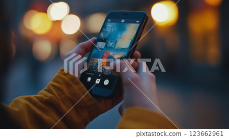 A person viewing images on a device 123662961