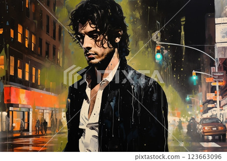 Portrait of a handsome man, in a city street, at night. Illustration poster in the style of 1960 123663096