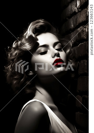 Portrait of a woman at night, near a brick wall background, dark, street. Noir. Tense mood, anxiety and fear. Photo in style of 1960 123663143