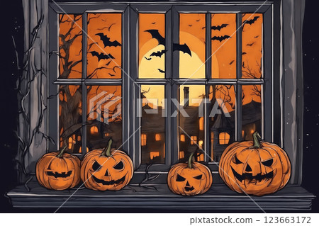halloween holiday decorations, scary jack o lantern pumpkins and candles on a windowsill, flying bats outside the window, moonlit night, mystic and dark magic 123663172