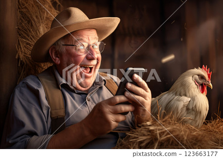 portrait of a funny old man, a villager, he sits on hay in barn of ranch, and laughs, using smartphone for video call or playing online game, chickens around him, retro style 123663177