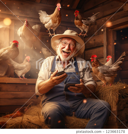 portrait of a funny old man, a villager, he sits on hay in barn of ranch, and laughs, makes a video call by smartphone, or playing online game, chickens around him, retro style 123663178