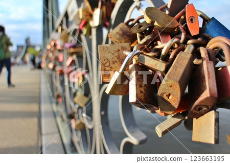 Love locks on an iron bridge in Frankfurt, Germany Love locks on an iron bridge in Frankfurt, Germany 123663195