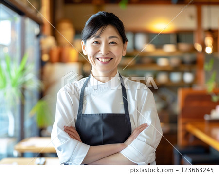 充滿自然氣息的咖啡館裡的50多歲女性工作人員 充滿自然氣息的咖啡館裡的50多歲女性工作人員 123663245