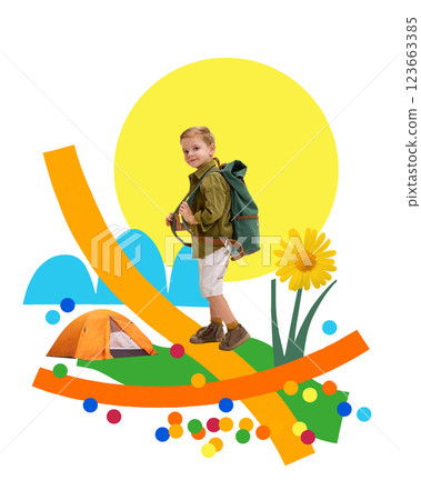 Smiling boy, camper wearing backpack, walking along colorful travel path with tent in background, enjoying outdoor adventure under sunny sky 123663385
