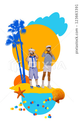 Children dressed as sailors, capturing seaside memories with vintage cameras against tropical palm background. Children dressed as sailors, capturing seaside memories with vintage cameras against tropical palm background. 123663391