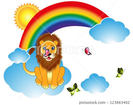 Cartoon lion with butterflies on rainbow clouds. 123663402