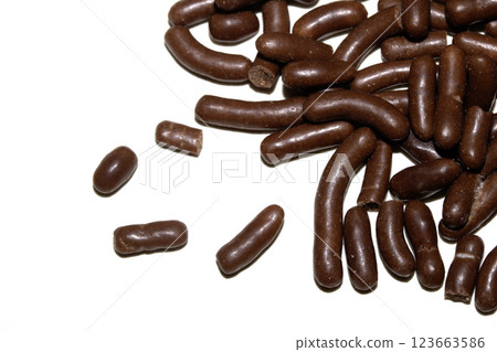 Close up of chocolate cake ice cream decoration strands sugar cocoa on white background 123663586