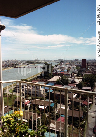 Old photo from 1981, Tokyo, Adachi Ward, panorama of a residential area along the Nakagawa River 123663675