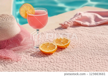 A glass filled with pink beverage decorated with a hat, pink towel, a mesh bag on the scarf. Concept of recovery, sun protection and moisturizing product with vacant space 123663681