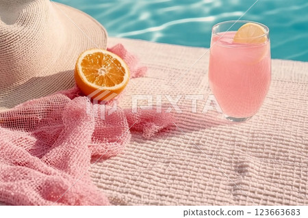 A glass filled with pink beverage decorated with a hat, pink towel, a mesh bag on the scarf. Concept of recovery, sun protection and moisturizing product with vacant space A glass filled with pink beverage decorated with a hat, pink towel, a mesh bag on the scarf. Concept of recovery, sun protection and moisturizing product with vacant space 123663683