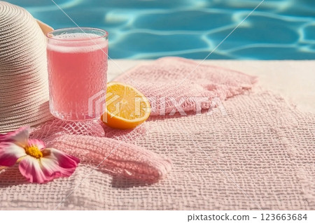A glass filled with pink beverage decorated with a hat, pink towel, a mesh bag on the scarf. Concept of recovery, sun protection and moisturizing product with vacant space 123663684