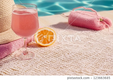 A glass filled with pink beverage decorated with a hat, pink towel, a mesh bag on the scarf. Concept of recovery, sun protection and moisturizing product with vacant space A glass filled with pink beverage decorated with a hat, pink towel, a mesh bag on the scarf. Concept of recovery, sun protection and moisturizing product with vacant space 123663685