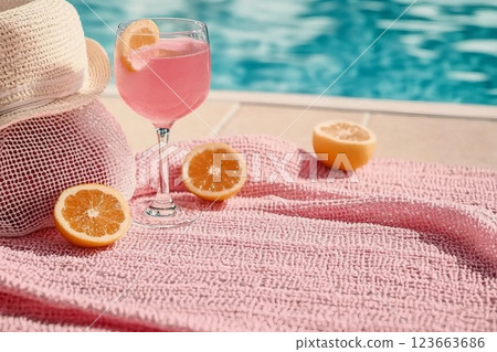 A glass filled with pink beverage decorated with a hat, pink towel, a mesh bag on the scarf. Concept of recovery, sun protection and moisturizing product with vacant space A glass filled with pink beverage decorated with a hat, pink towel, a mesh bag on the scarf. Concept of recovery, sun protection and moisturizing product with vacant space 123663686