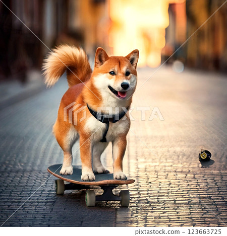 A Shiba Inu enjoying skateboarding in the city A Shiba Inu enjoying skateboarding in the city 123663725