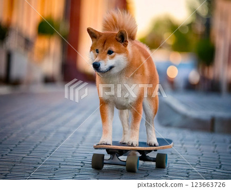 A Shiba Inu enjoying skateboarding in the city A Shiba Inu enjoying skateboarding in the city 123663726