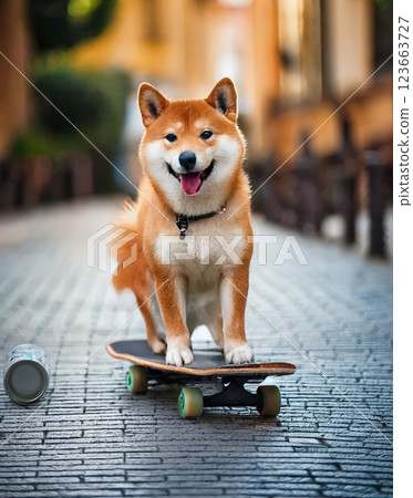 A Shiba Inu enjoying skateboarding in the city A Shiba Inu enjoying skateboarding in the city 123663727