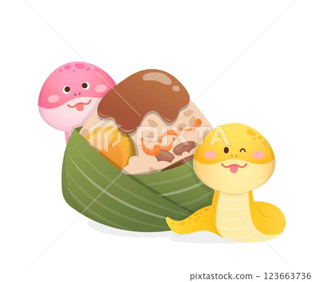 Cartoon mascot of yellow and pink snake with steamed sticky rice, Chinese food Zongzi 123663736