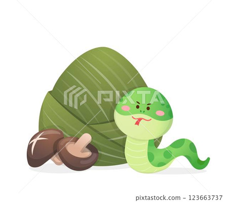 竹葉包裹的粽子與香菇,可愛俏皮的卡通綠色蛇,向量插畫或圖標 123663737